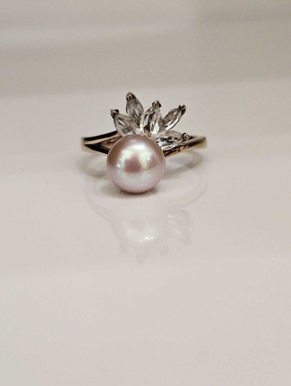 Beautiful Cultured Pearl & Zircon Ring Sterling Silver & 18K Rose Gold Sz 8!